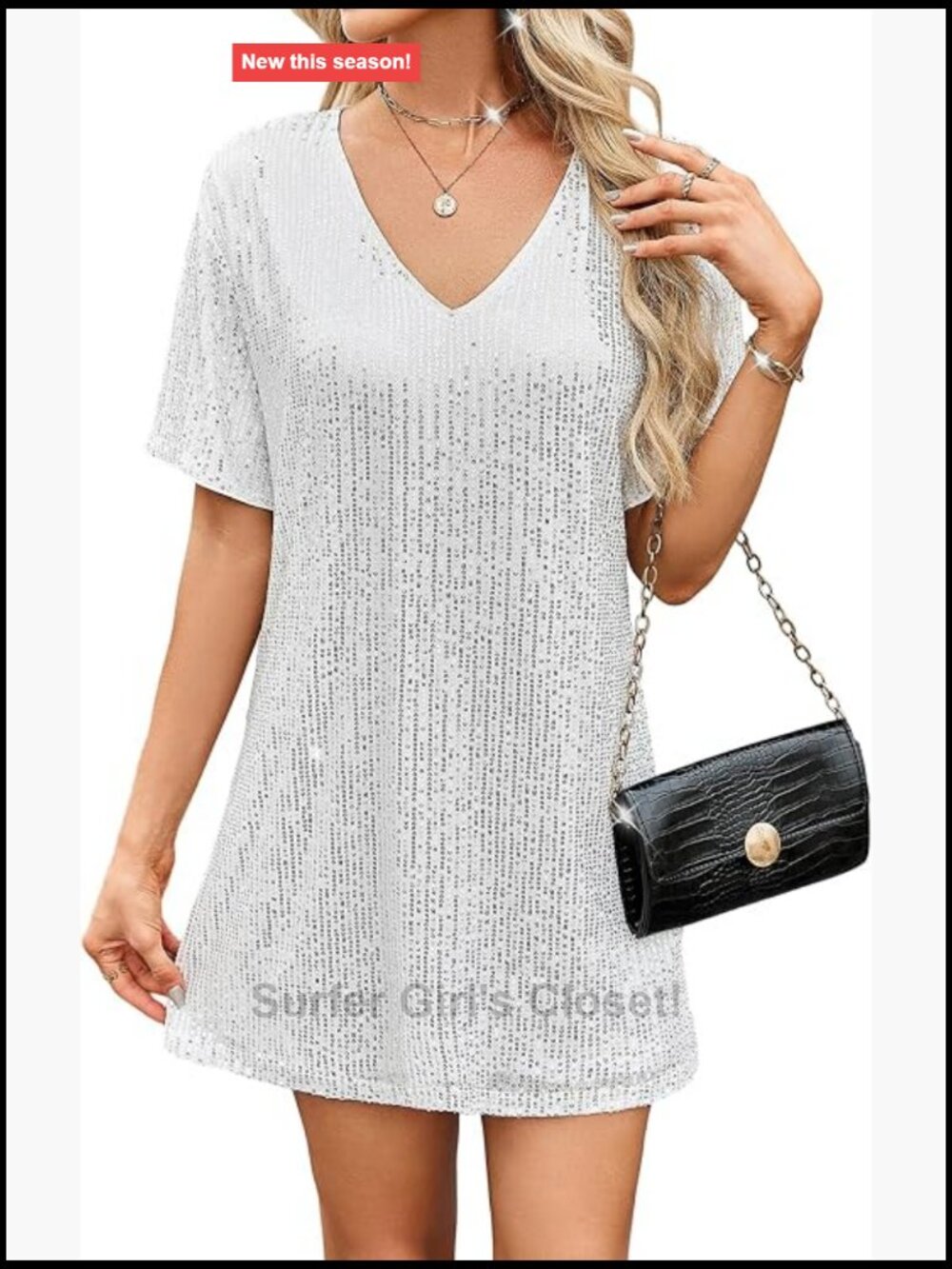 Sequin Sparkly Short Sleeve Tunic Dress Loose Glitter Cocktail Party Mini